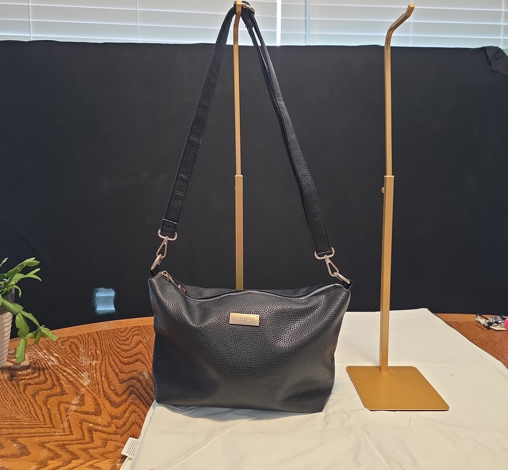 BCBG Black Pebbled Leather Shoulder Bag with Gold-Tone Accent